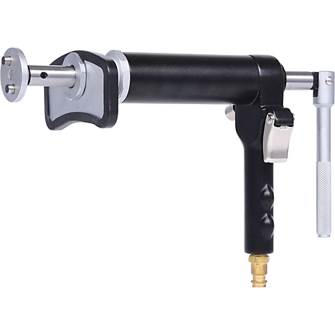 Schwarzes Metallwerkzeug mit Griff und Messwerkzeug.